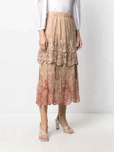 Pre-owned A.n.g.e.l.o. Vintage Cult 1980s Embroidered Layered Midi Skirt In Neutrals