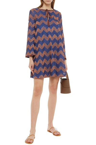 Shop M Missoni Striped Metallic Crochet-knit Mini Dress In Indigo