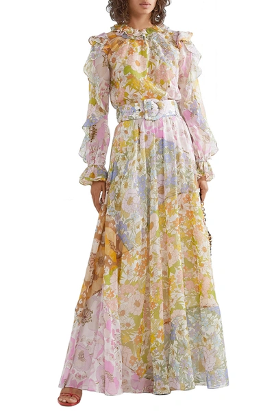 Shop Zimmermann Super Eight Belted Floral-print Cotton And Silk-blend Voile Maxi Skirt In Multicolor
