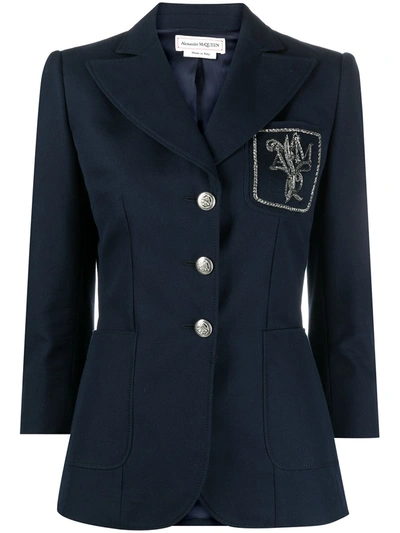 Shop Alexander Mcqueen Embellished Logo Patch Blazer In Blue