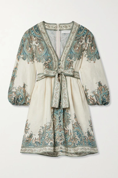 Shop Zimmermann Brighton Belted Paisley-print Linen-voile Mini Dress In Turquoise