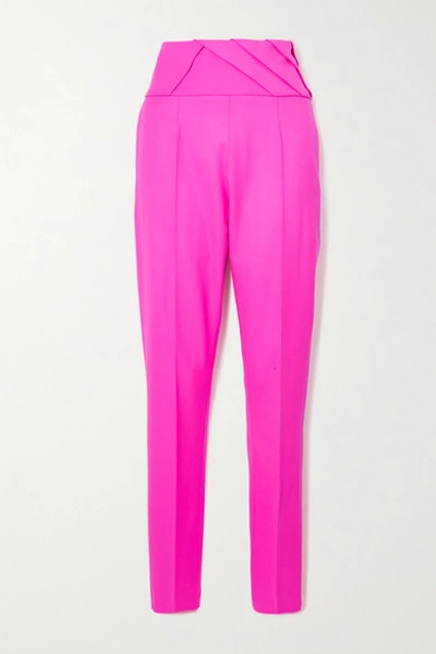 Shop Attico Pleated Stretch-wool Slim-leg Pants In Pink