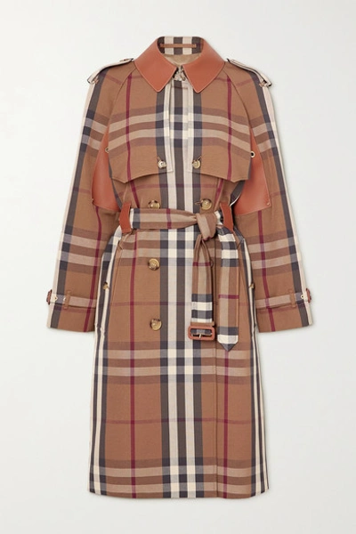 Shop Burberry Double-breasted Checked Gabardine And Leather Trench Coat In Brown