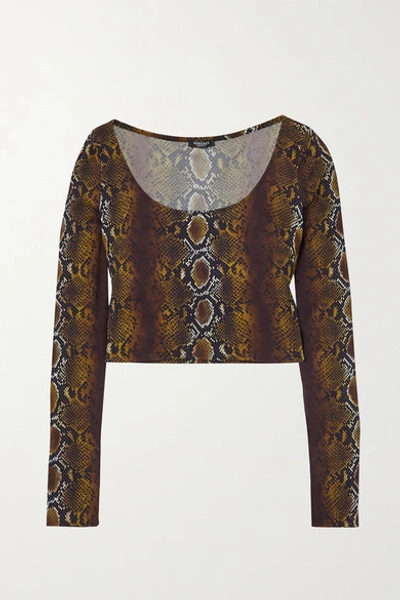 Shop Versace Cropped Snake-print Stretch-crepe Top In Brown