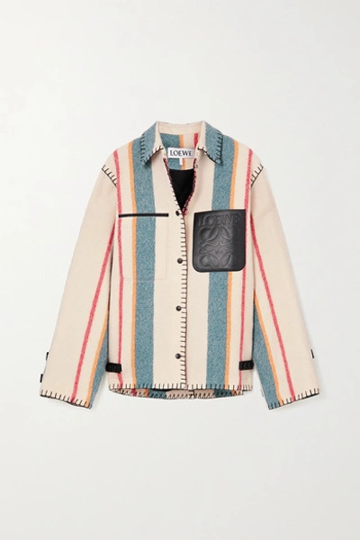 Shop Loewe Leather-trimmed Striped Wool Jacket In Cream