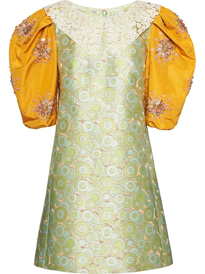 Shop Miu Miu Jacquard Puff Sleeve Dress In Green