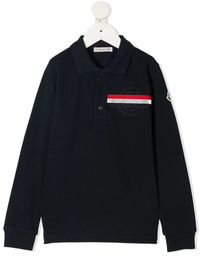 Shop Moncler Logo Stripe Polo Shirt In Blue