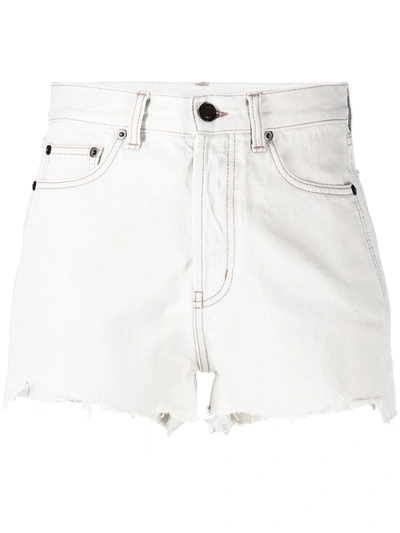 Shop Saint Laurent Raw Edge Frayed Denim Shorts In Neutrals