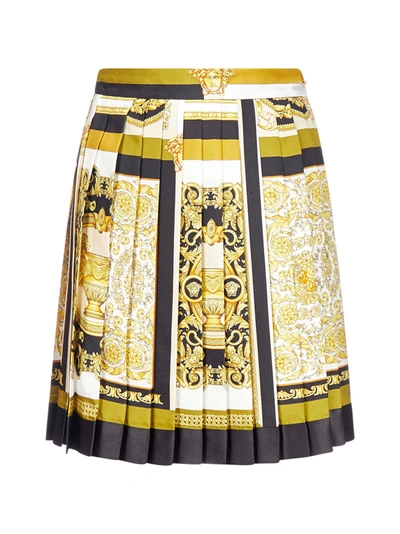 Shop Versace Barocco Print Pleated Silk Skirt In Bianco Oro Kaki