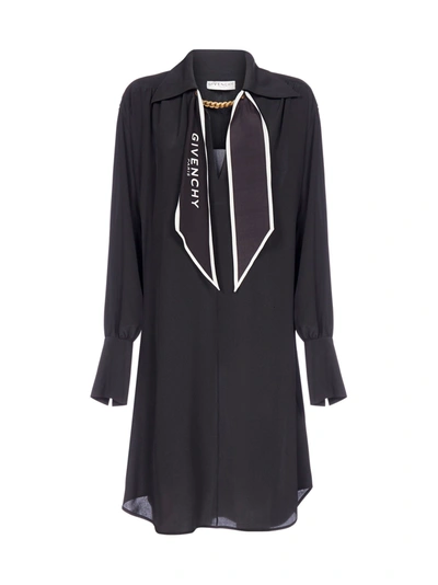 Shop Givenchy Logo-scarf Detail Silk Shirt Dress In Black
