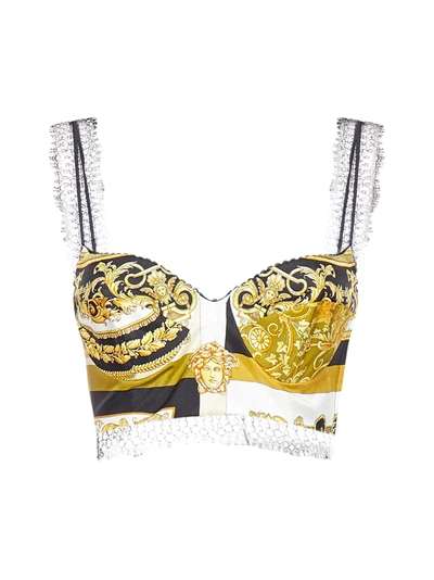 Shop Versace Barocco Print Silk Top In Bianco Oro Kaki