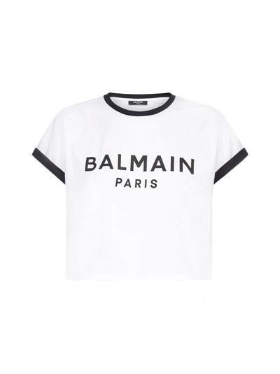 Shop Balmain Logo Cotton Cropped T-shirt In Blanc Noir