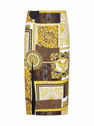 Shop Versace Barocco Print Viscose Pencil Skirt In Oro Marrone Bianco