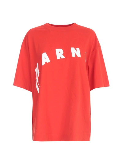 Shop Marni T-shirt W/crooked Logo Written In Red