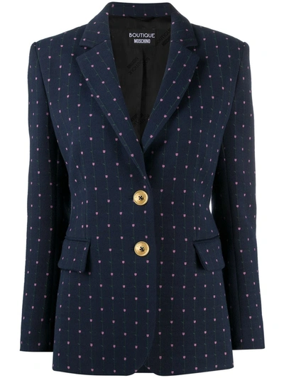 Shop Boutique Moschino Floral-embroidery Single-breasted Blazer In Blue