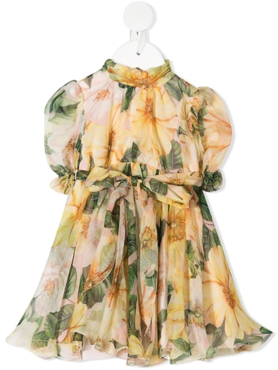 Shop Dolce & Gabbana Pleated Floral Silk Dress In Yellow