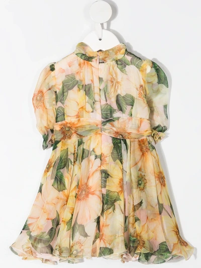 Shop Dolce & Gabbana Pleated Floral Silk Dress In Yellow