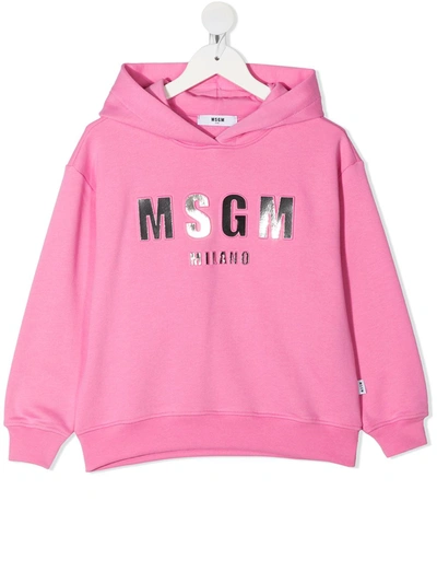 Shop Msgm Foil Logo-print Hoodie In Pink