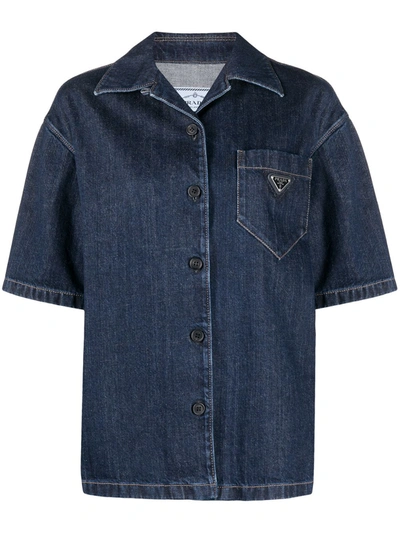 Shop Prada Denim Half-sleeve Shirt In Blue