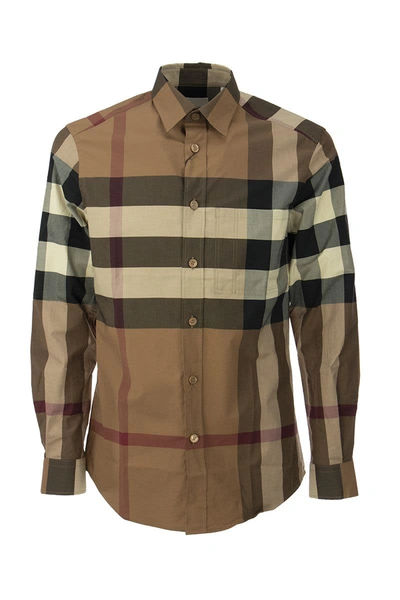 Shop Burberry Check Stretch Cotton Poplin Shirt In Birch Brown
