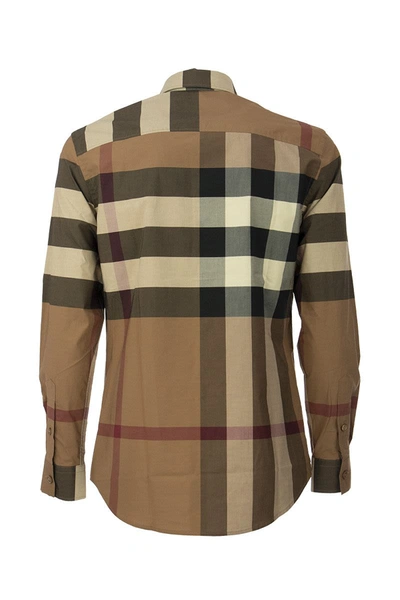 Shop Burberry Check Stretch Cotton Poplin Shirt In Birch Brown