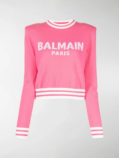 Shop Balmain Logo-jacquard Padded-shoulder Jumper In Pink