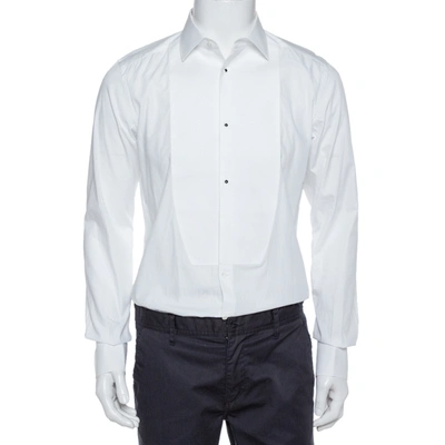 Pre-owned Dolce & Gabbana White Cotton Tuxedo Long Sleeve Gold Shirt Xs