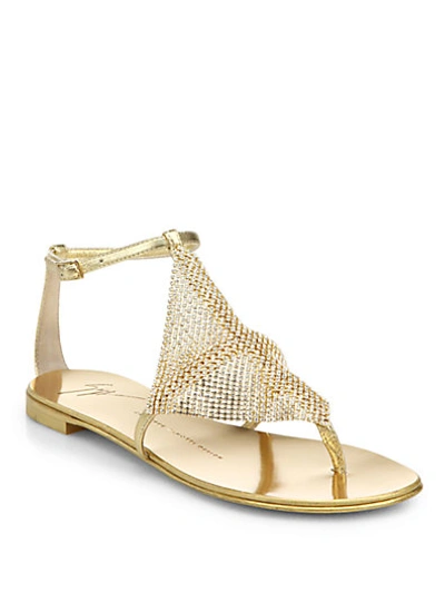Giuseppe Zanotti Crystal-paneled Metallic Leather Sandals In Gold