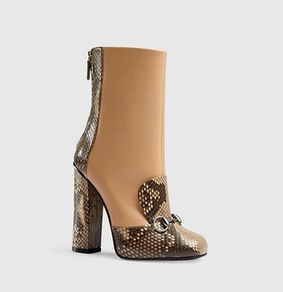 Shop Gucci Python And Leather Horsebit Ankle Boot In Light
