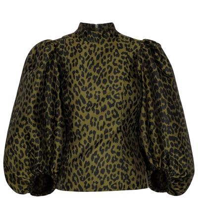 Ganni Leopard-print Jacquard Blouse With Exaggerated Sleeves In Olive Drab  | ModeSens