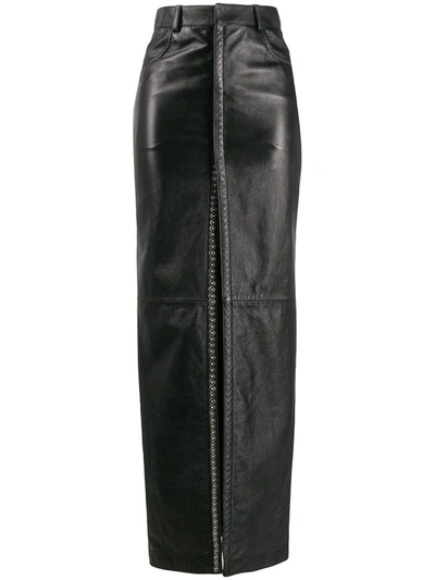 Shop Saint Laurent Long Leather Skirt In Shiny Grained Lambskin With Snap-button Slit In Black