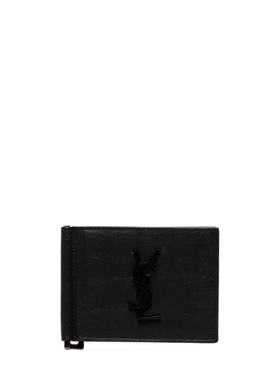 Shop Saint Laurent Monogram Bill Clip Wallet In Crocodile Embossed Leather In Black