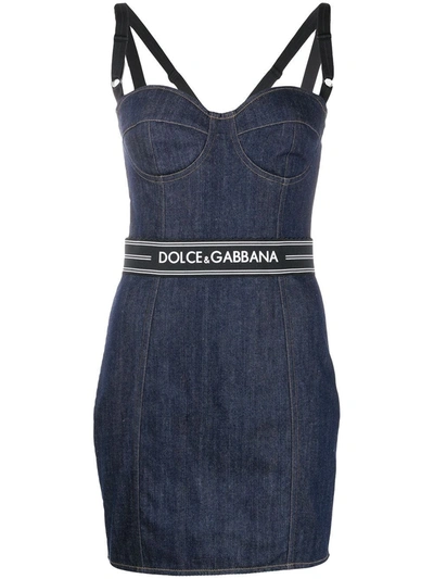 Shop Dolce & Gabbana Short Belted Denim Corset Dress In Blue