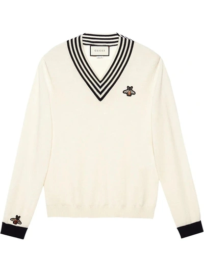 Shop Gucci V-neck Wool Knit With Bee In White