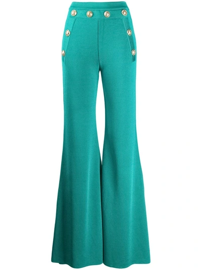 Shop Balmain Flared Trousers With Golden Double-breasted Closure In Blue
