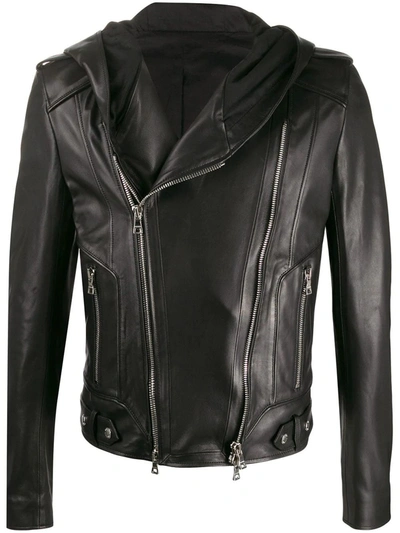 Shop Balmain Leather Biker-style Hooded Jacket In Black