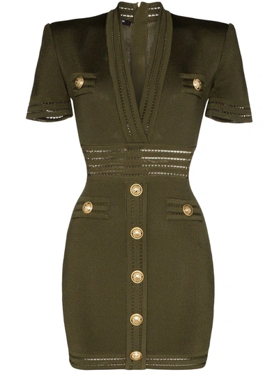 Shop Balmain Short Olive Knit Dress With Gold-tone Buttons In Green