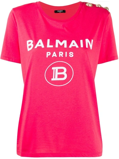 Shop Balmain Cotton T-shirt With  Logo Print In Pink