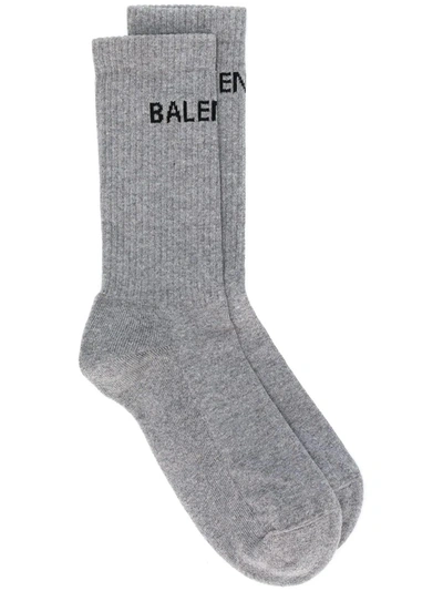 Shop Balenciaga Logo Print Ankle Socks In Grey