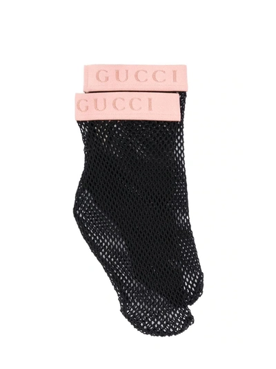 Shop Gucci Logo Trim Mesh Socks In Black