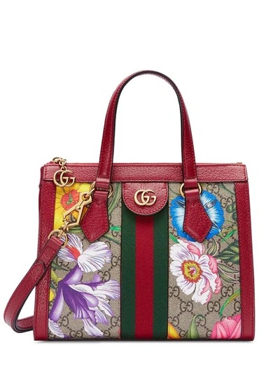 Shop Gucci Ophidia Gg Flora Small Tote Bag In Red