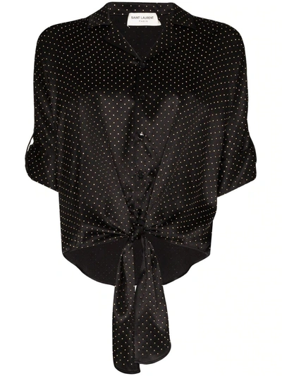 Shop Saint Laurent Tie-front Polka-dot Silk Shirt In Black