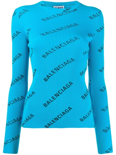 Shop Balenciaga Ribbed All-over Logo Print Top In Blue
