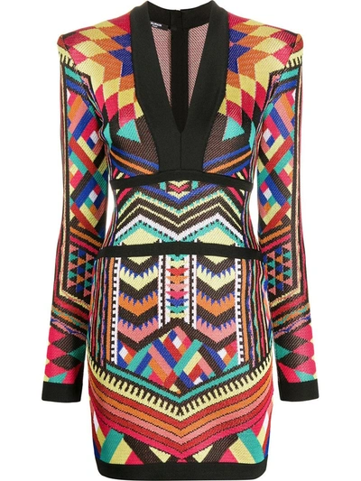 Shop Balmain Short Knit Dress With Multicolor Jacquard Embroidery In Mutlicolor