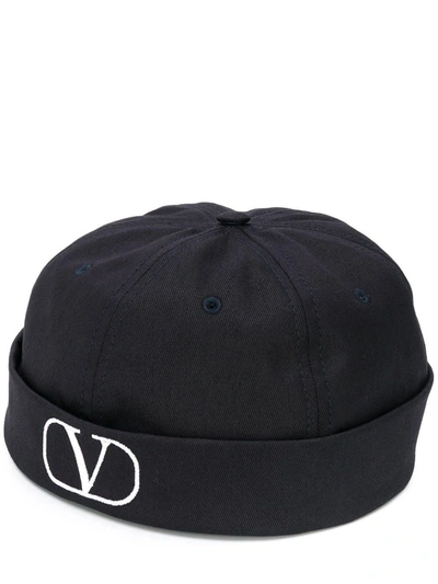 Shop Valentino Vlogo Cotton Beanie In Blue