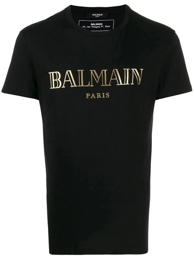 Shop Balmain T-shirt With Gold  Paris Logo In Black