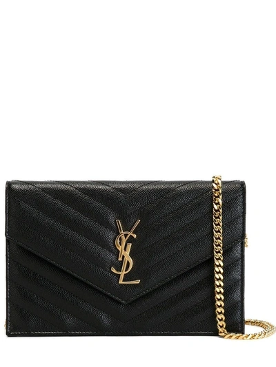 Shop Saint Laurent Envelope Chain Wallet In Grain De Poudre Embossed Leather In Black