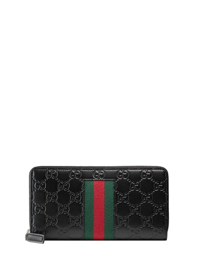 Shop Gucci Siignature Web Zip Around Wallet In Black