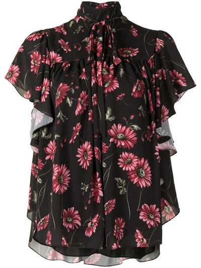 Shop Adam Lippes Floral-print Flounce Sleeve Blouse In Black