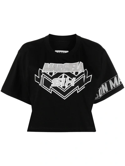Shop Mm6 Maison Margiela Cropped Logo-print T-shirt In Black